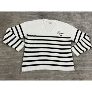 Marled Sweater Womens Medium White Black Striped V-Neck Long Sleeve Rayon Blend‎